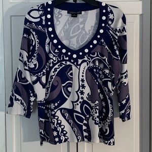August Silk Blue & White Graphic 3/4 Sleeve Blouse EUC
